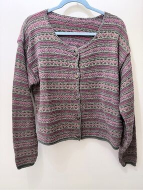 Vintage Fair Isle Cardigan Knit Sweater Metal Buttons Cottage Whimsical Earth XL